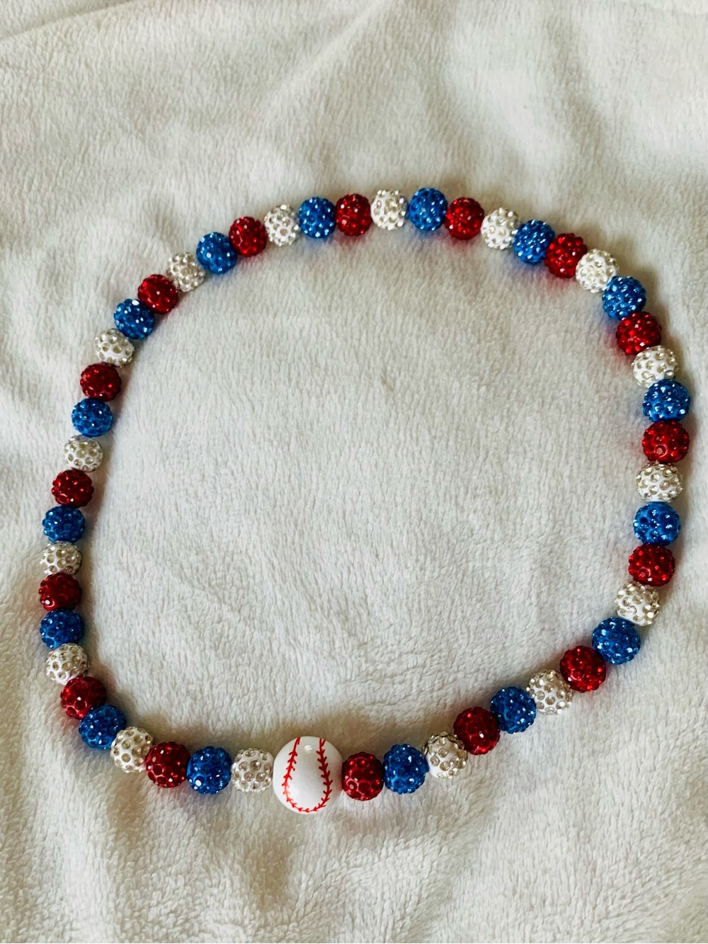 Patriotic Red, White & Blue Kids Baseball Beaded Necklace
